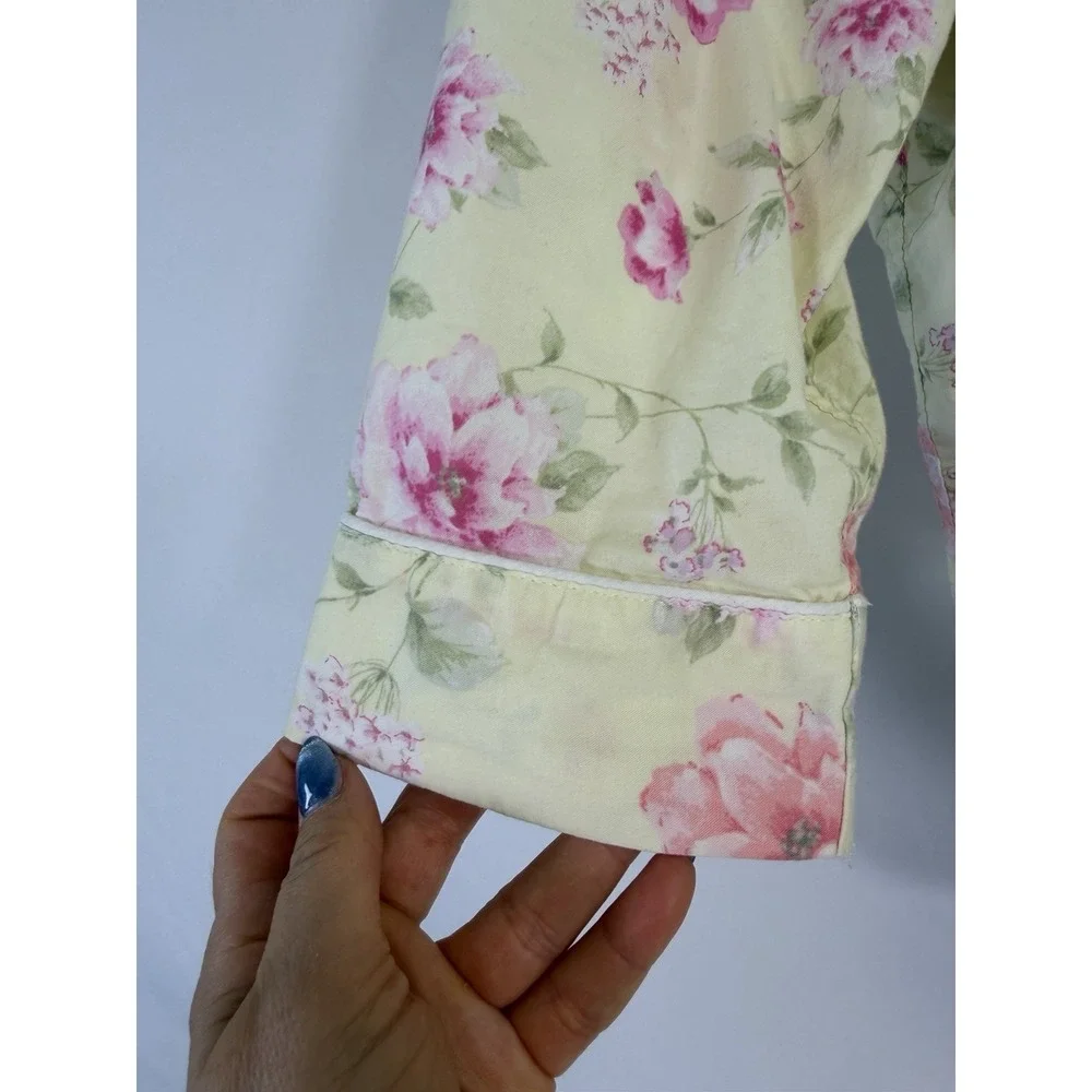 Lauren Ralph Lauren Pajama Set Womens M Yellow Floral Cotton Embroidered‎ Logo